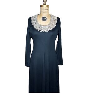 Vintage 70s Bernie Bee Long Black Dress with silver sequin neckline Size 2 NWT